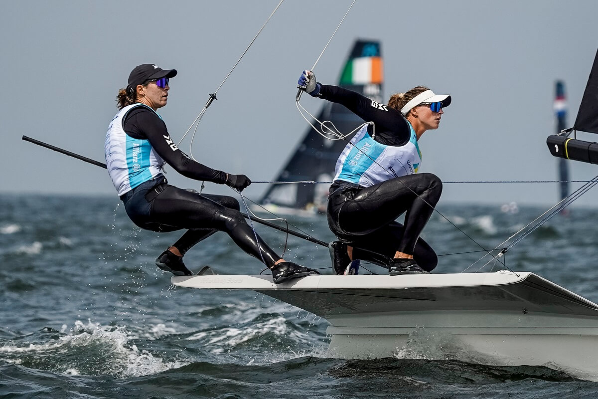 49er FX Olympic crew Jo Aleh and Molly Meech Credit: Sailing Energy / World Sailing. 11 August 2023.