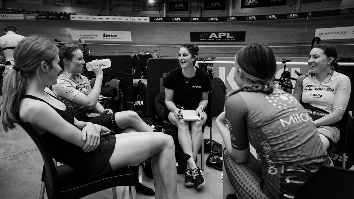 Cycling’s Elyse Fraser (centre) with cyclists at the pre YSD International Cycling Series camp