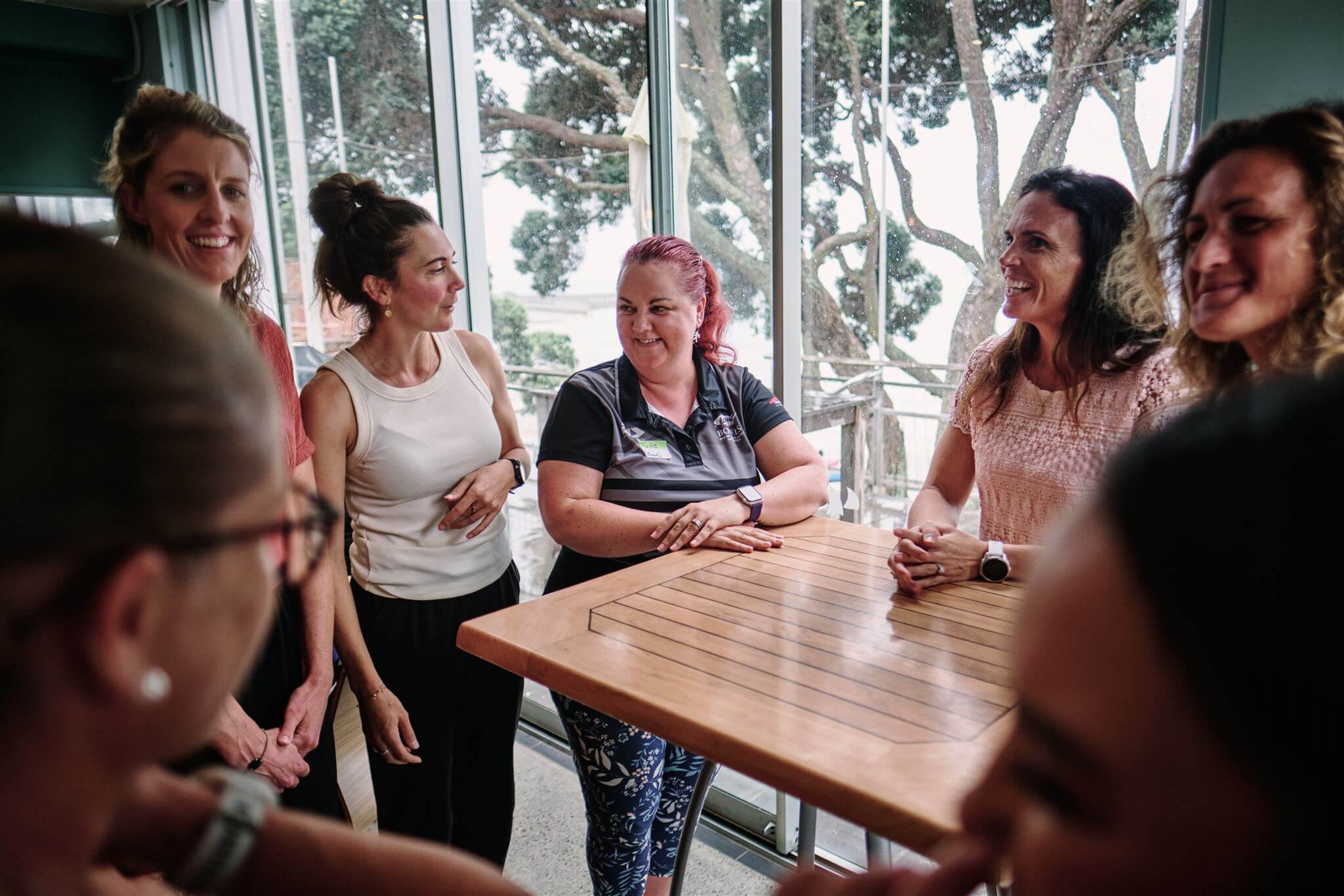 At the 2024 Residency Experience induction day [L to R facing camera] Lisa Wallbutton (2023 Basketball resident), Sophie Williamson (HPSNZ), Julie Blake (Bowls) and Catherine Logan-McLeod (Squash)